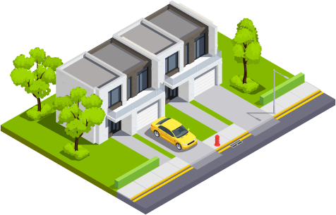 Illustration of modern townhouses with a yellow car in the driveway
