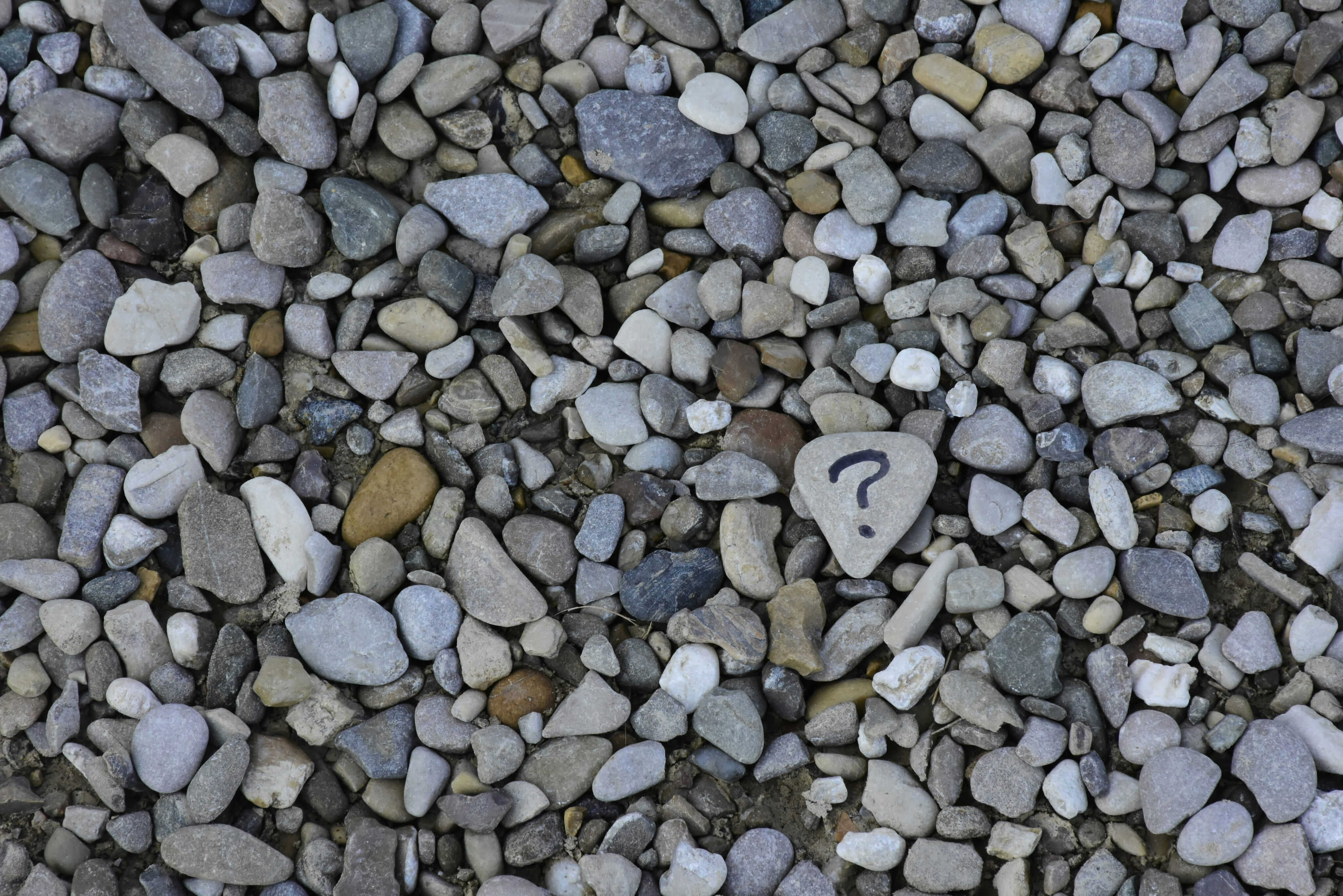 A stone with a question mark symbol placed among natural gray and brown pebbles